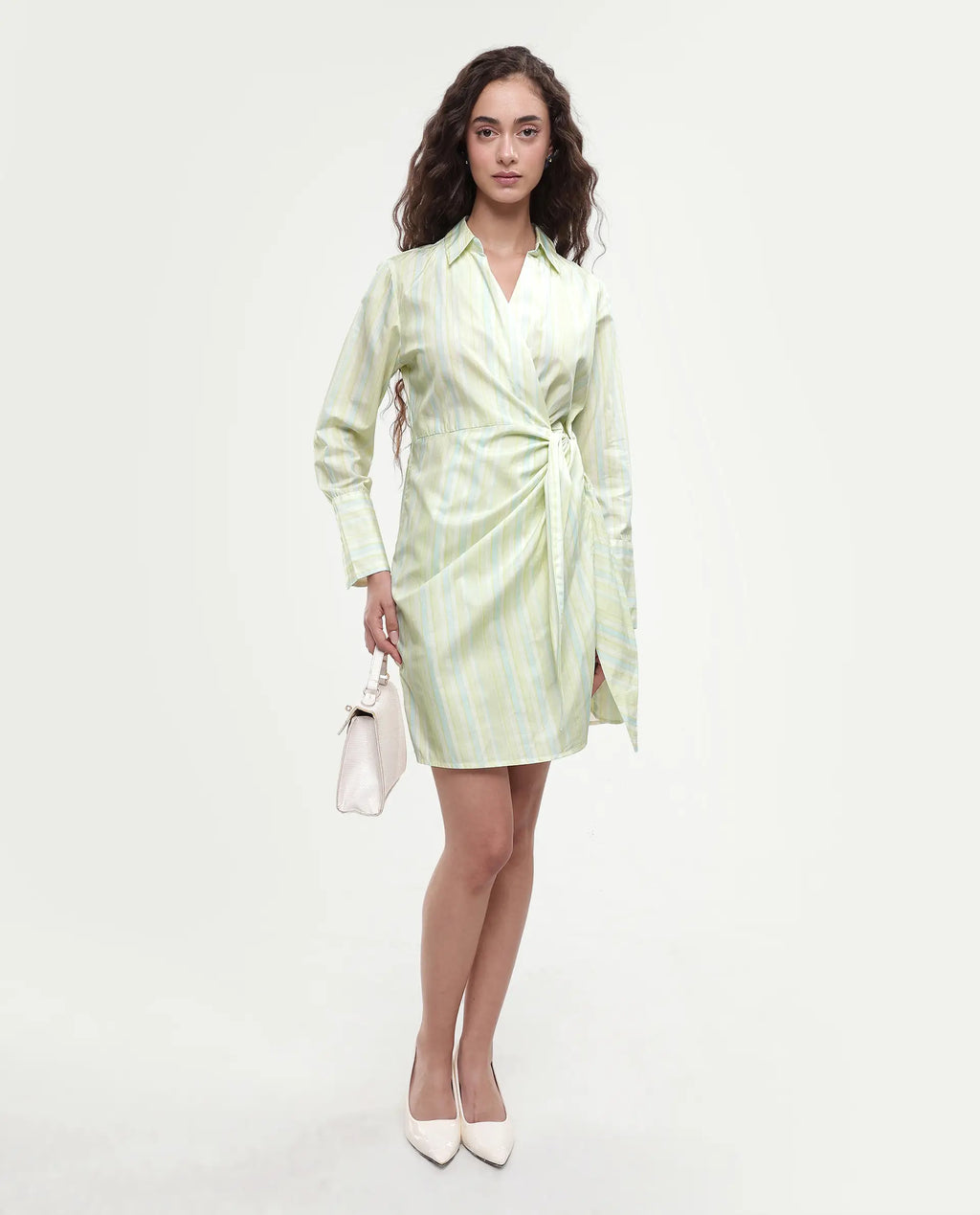 Rareism Women's Pregun Multi Cotton Johnny Collar Striped Mini Straight Fit Dress