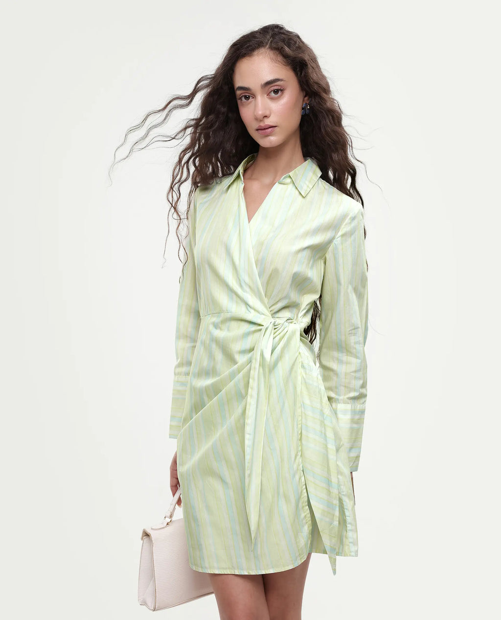 Rareism Women's Pregun Multi Cotton Johnny Collar Striped Mini Straight Fit Dress