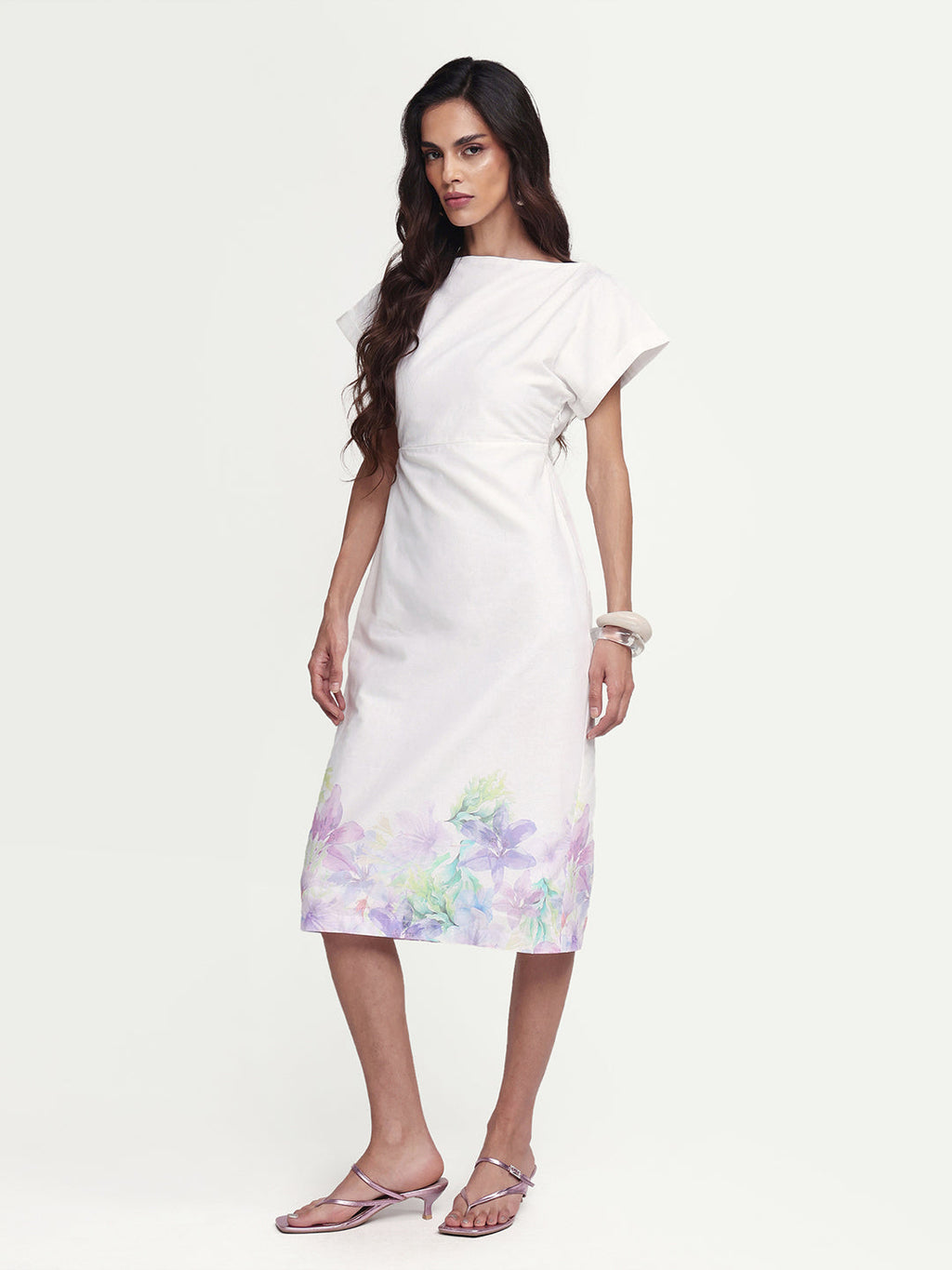 Rareism Women's Prelor White Cotton Boat Neck Floral Print Extended Sleeves Midi Straight Fit Dress