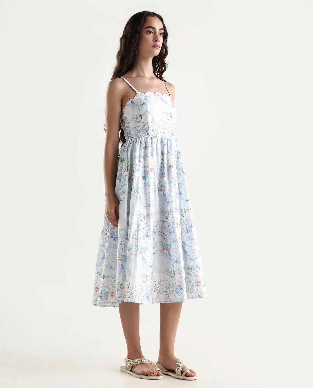 Rareism Women's Prenup Multi Cotton Tube Neck Abstract Print Sleeveless Midi Fit And Flare Dress