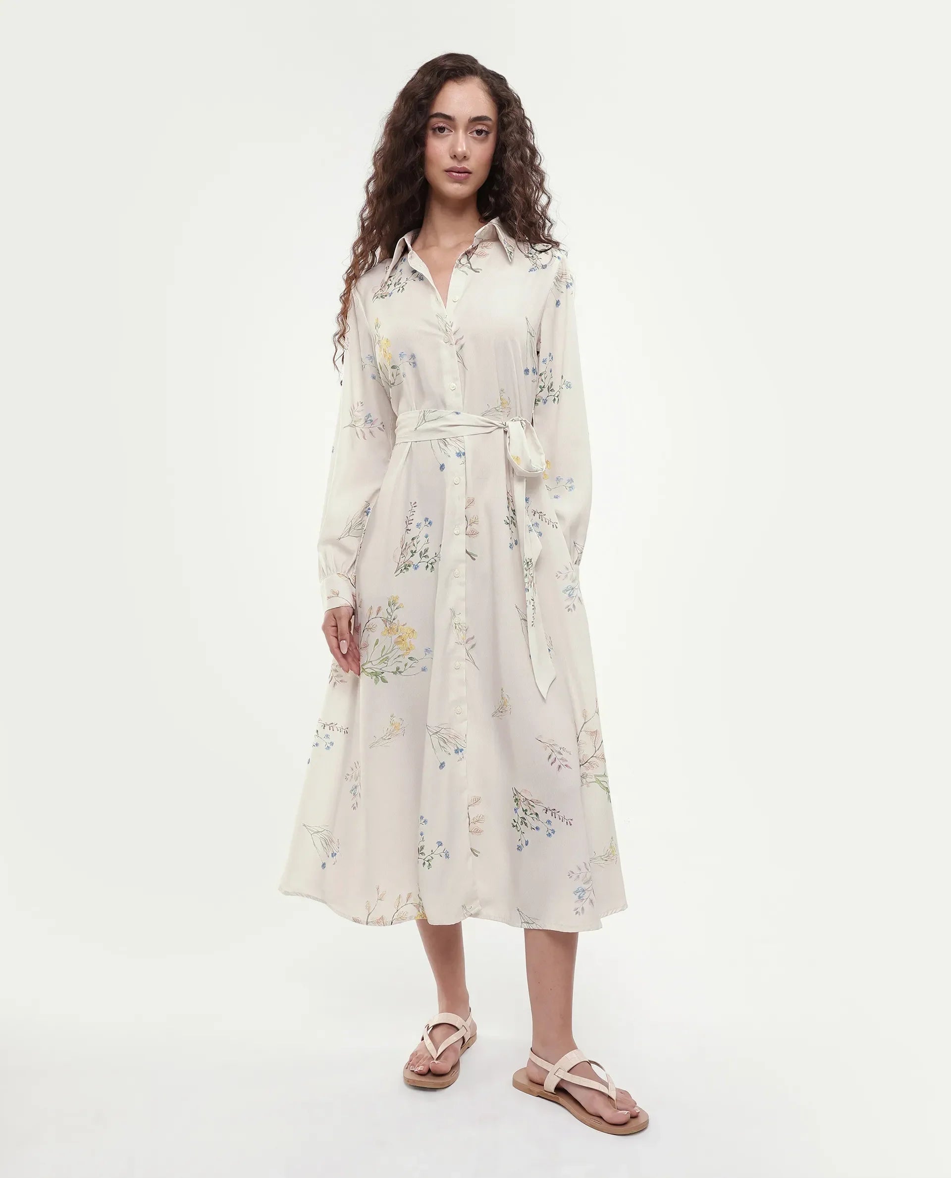 Rareism Women's Presho Multi Polyester Overlap Neck Floral Print Bishop Sleeve Maxi Fit And Flare Dress