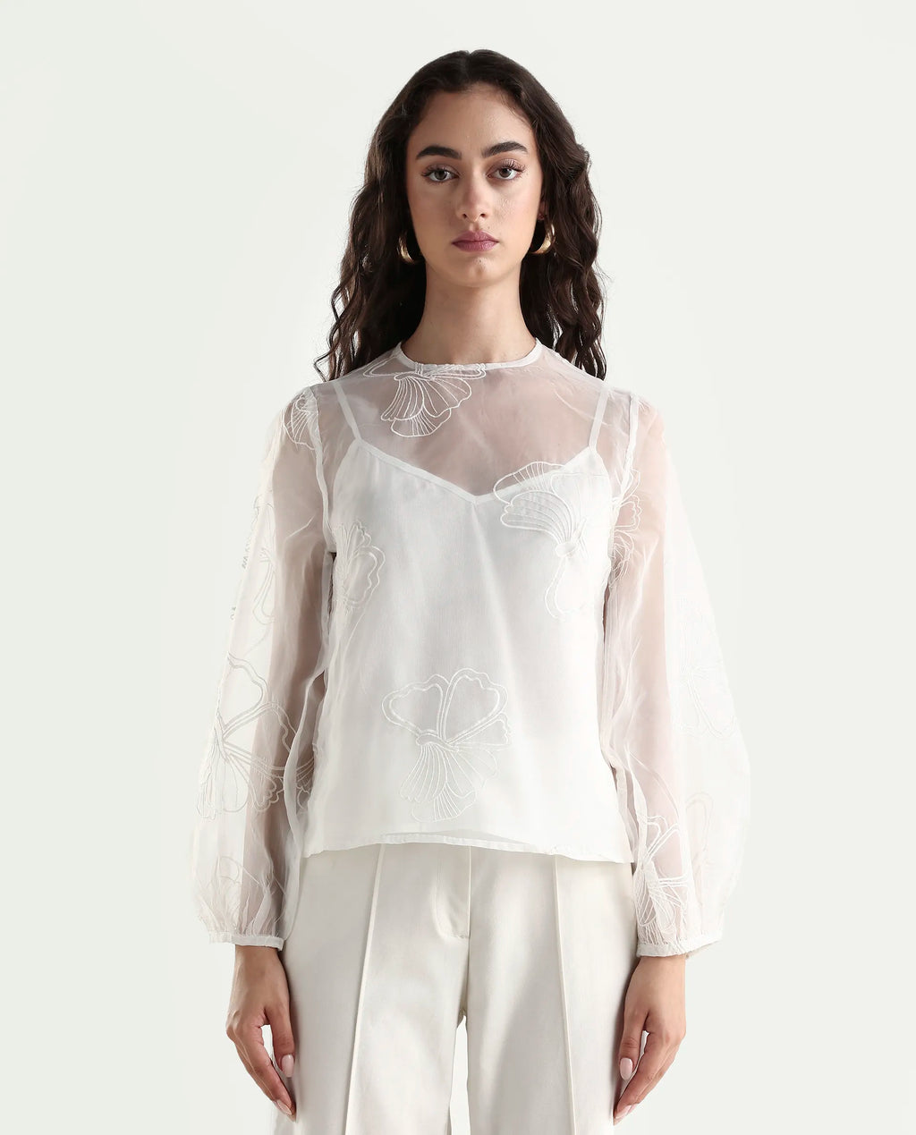 Rareism Women's Prevan White Polyester Round Neck Plain Bishop Sleeve Regular Fit Top