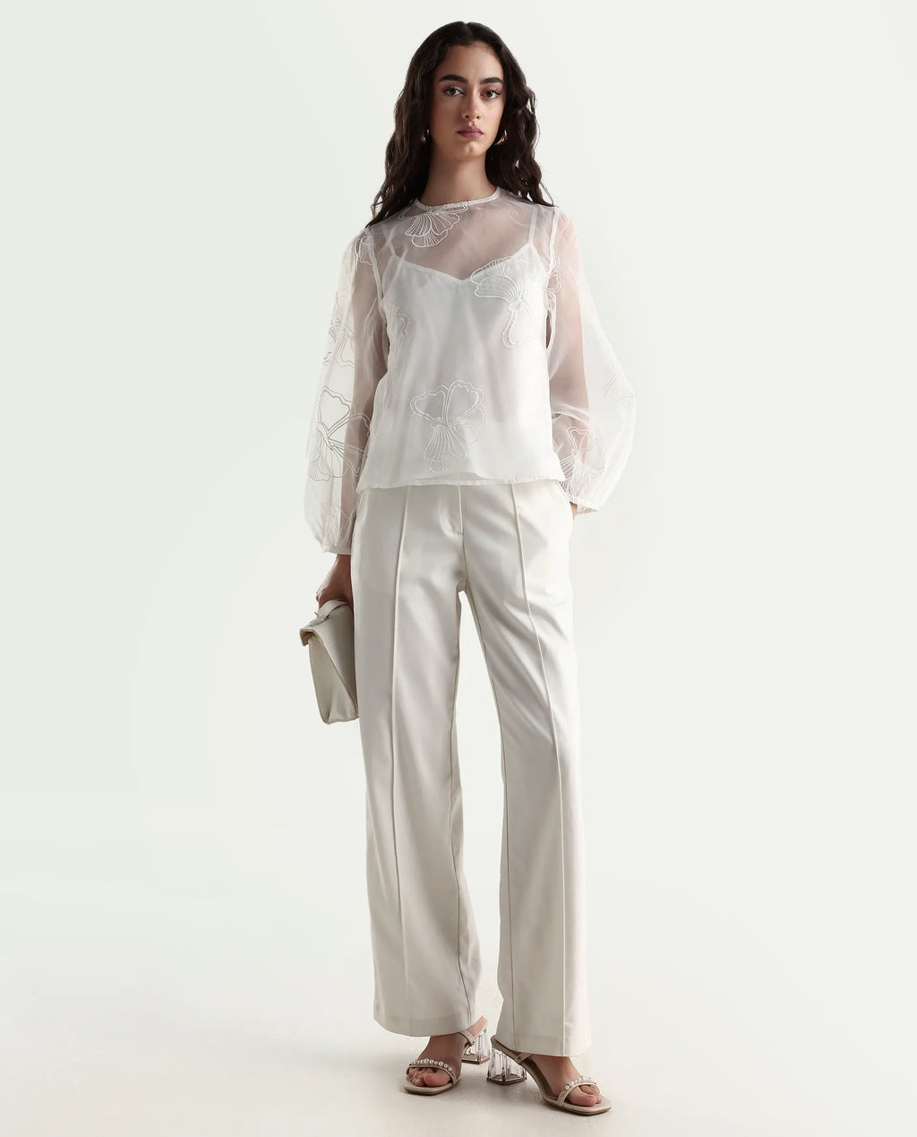 Rareism Women's Prevan White Polyester Round Neck Plain Bishop Sleeve Regular Fit Top