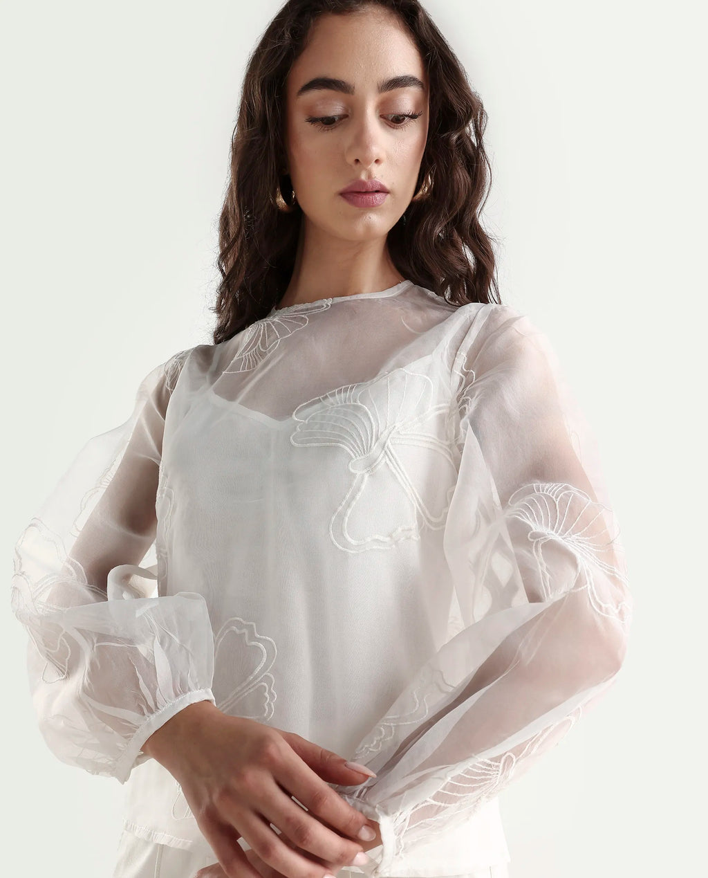 Rareism Women's Prevan White Polyester Round Neck Plain Bishop Sleeve Regular Fit Top