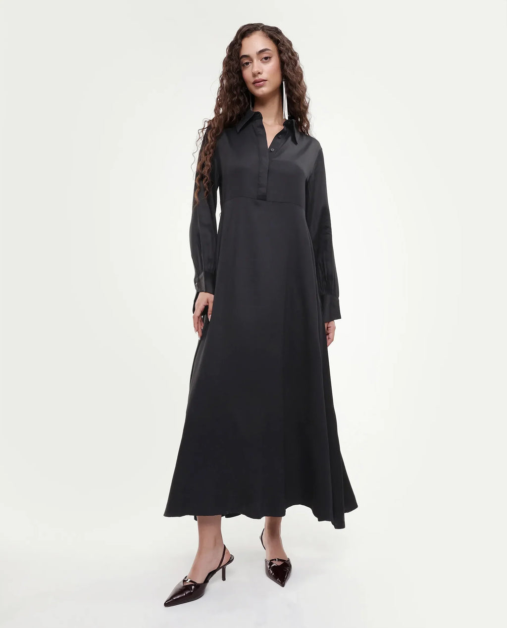 Rareism Women's Ane Black Viscose Full Sleeve Spread Collar Fit And Flare Dress
