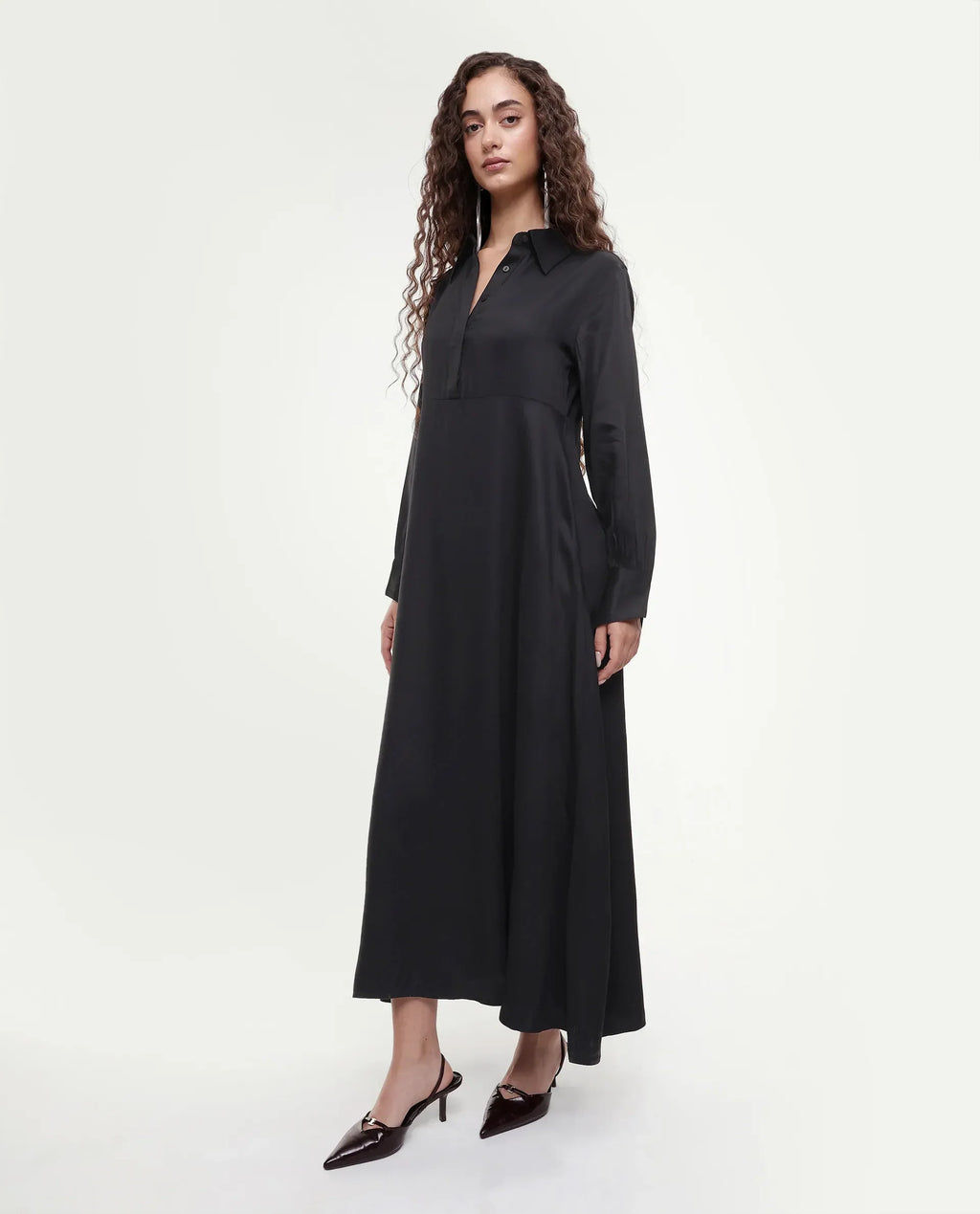 Rareism Women's Ane Black Viscose Full Sleeve Spread Collar Fit And Flare Dress
