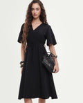 Rareism Women's Airin Black Polyester Half Sleeve V-Neck Flared Dress
