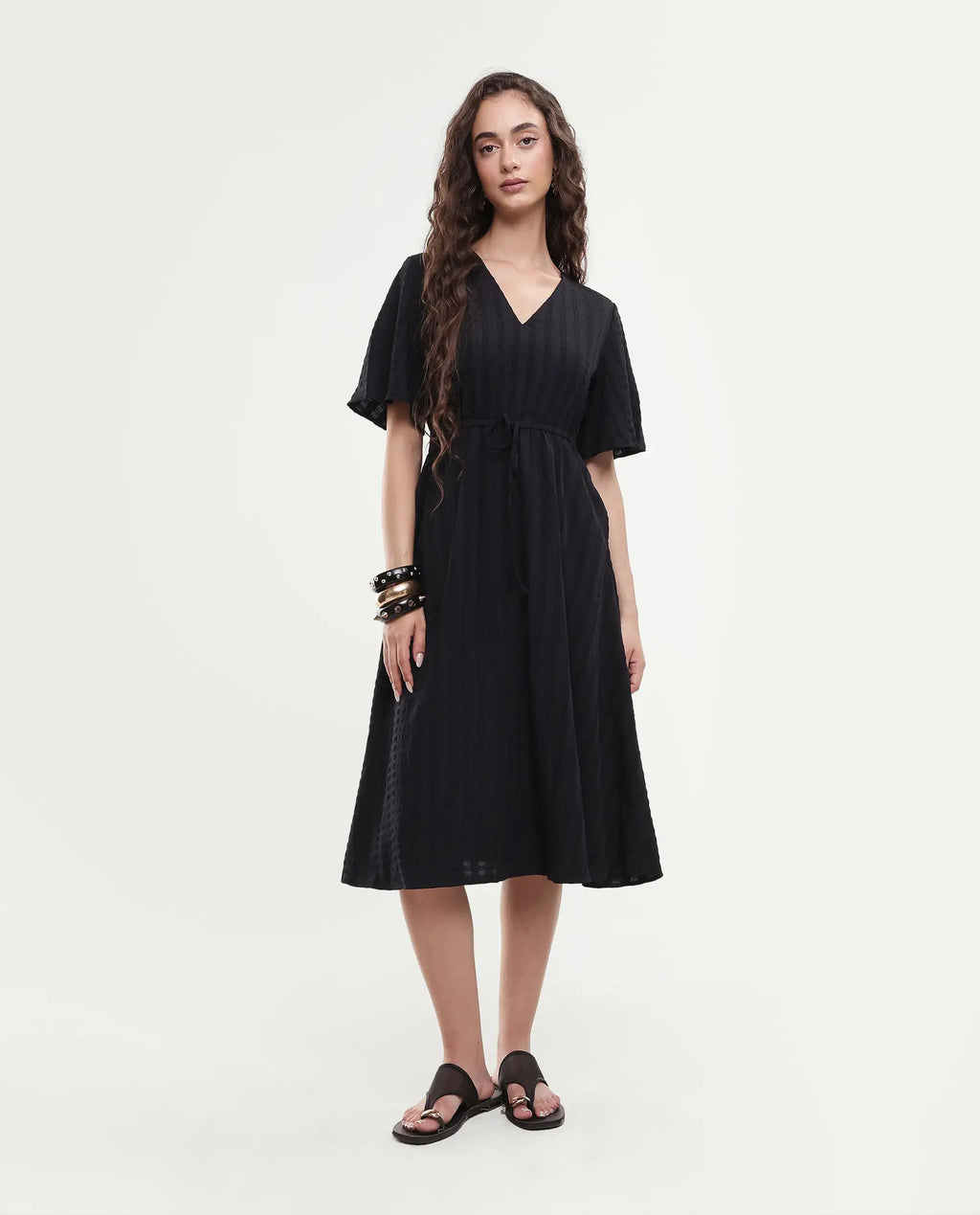 Rareism Women's Airin Black Polyester Half Sleeve V-Neck Flared Dress