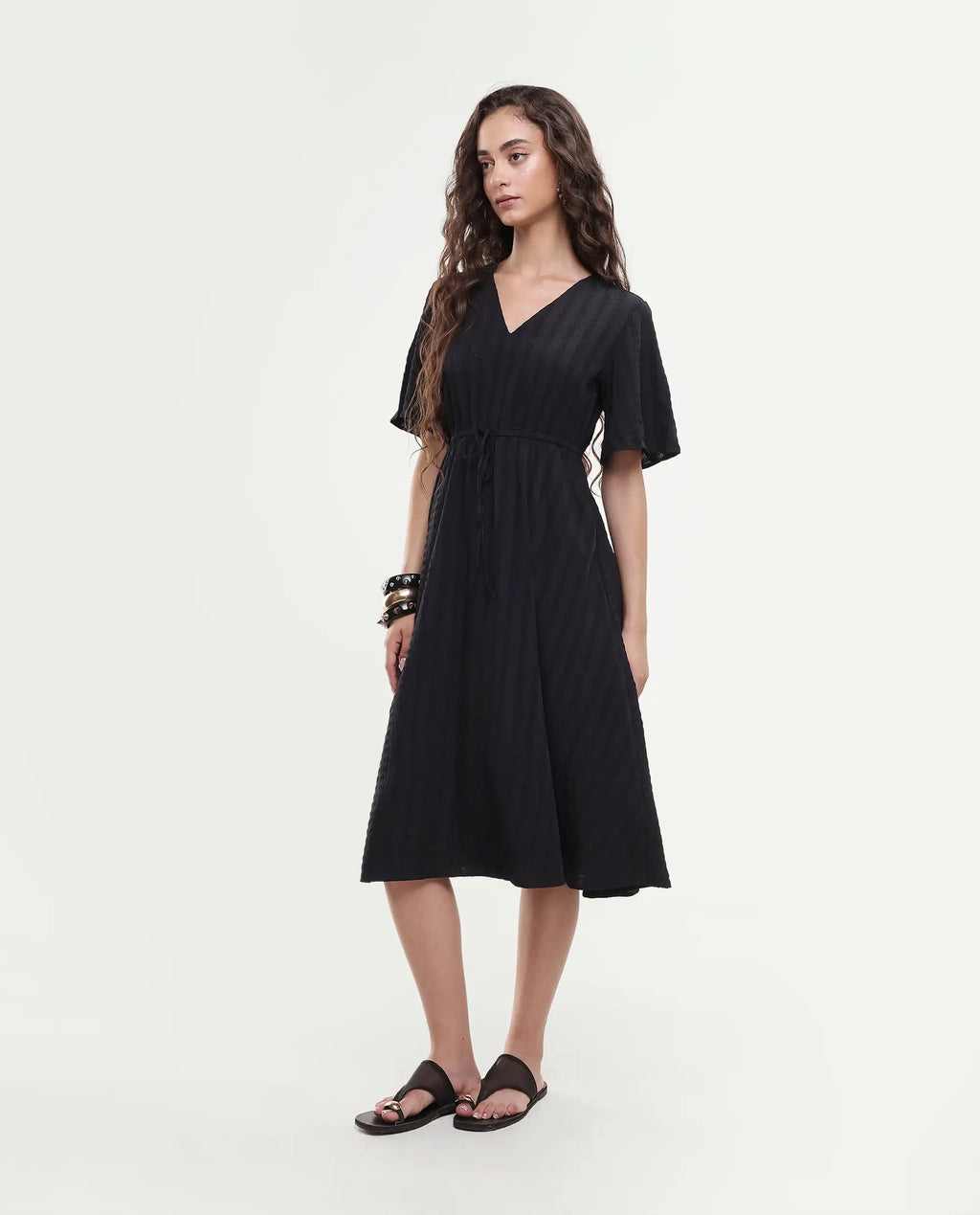 Rareism Women's Airin Black Polyester Half Sleeve V-Neck Flared Dress