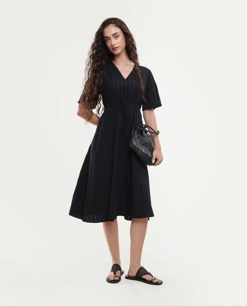 Rareism Women's Airin Black Polyester Half Sleeve V-Neck Flared Dress