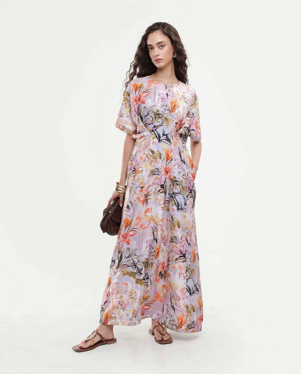 Rareism Women's Arona Multi Viscose Blend Half Sleeve Crew Neck Flared Dress