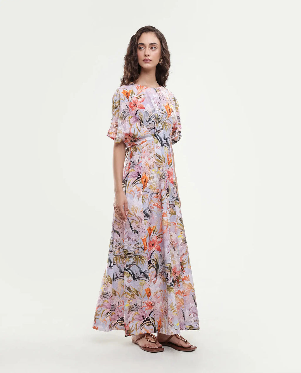 Rareism Women's Arona Multi Viscose Blend Half Sleeve Crew Neck Flared Dress