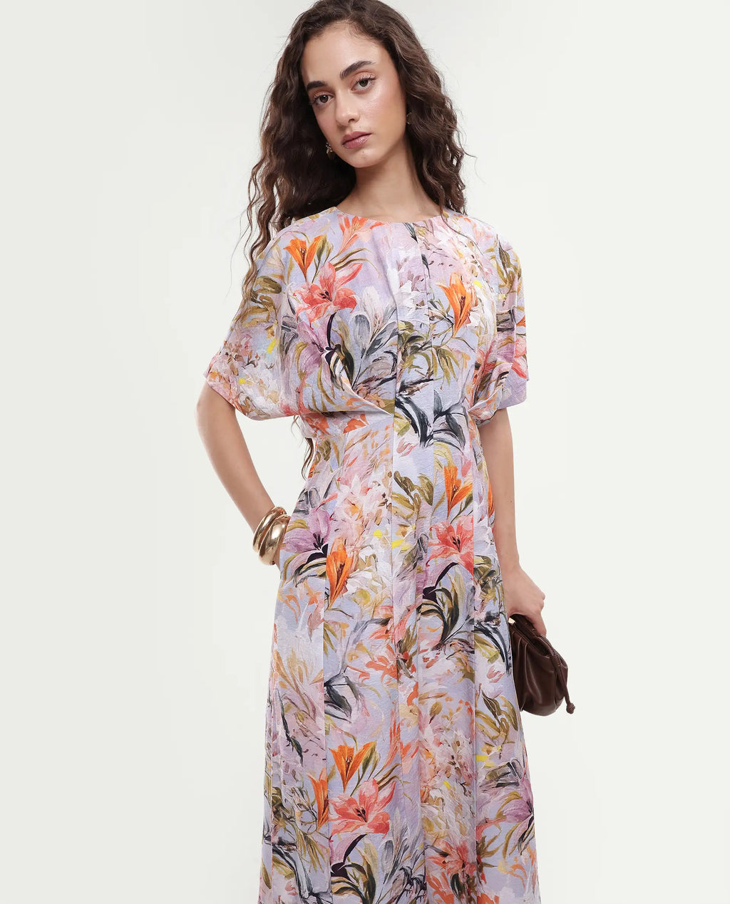Rareism Women's Arona Multi Viscose Blend Half Sleeve Crew Neck Flared Dress