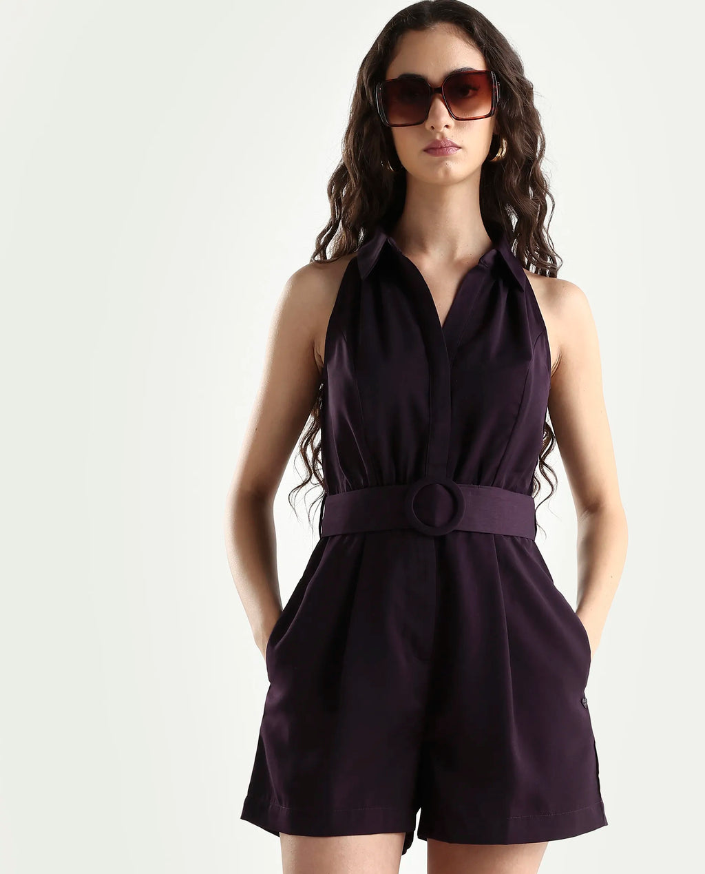 Rareism Women's Aless Maroon Satin Halter Neck Plain Sleeveless Mini Regular Fit Dress