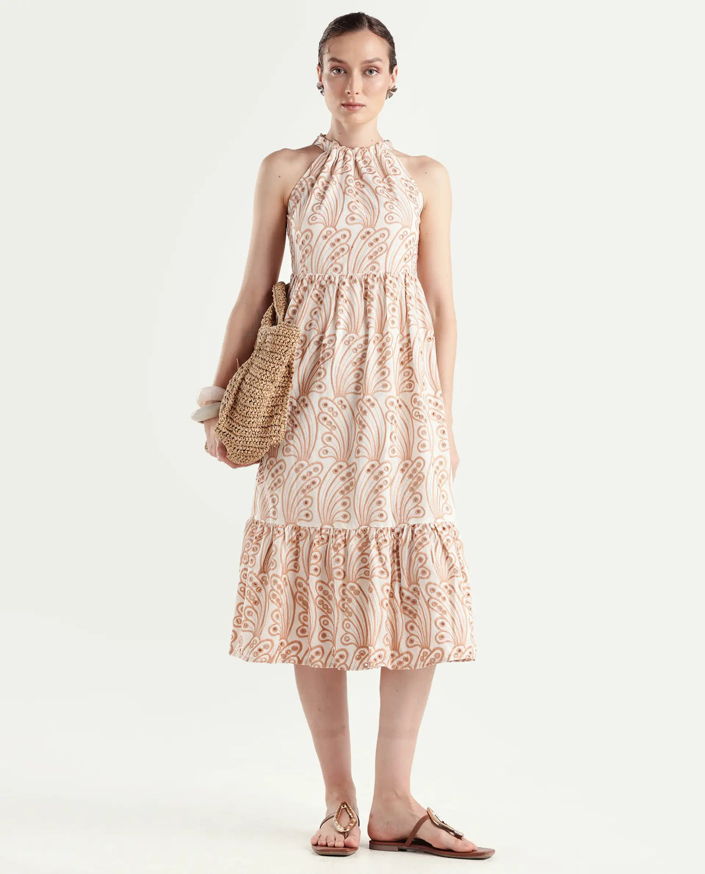 Rareism Women's Chalco Beige Cotton Blend Halter Neck Schiffli Sleeveless Maxi Fit And Flare Dress