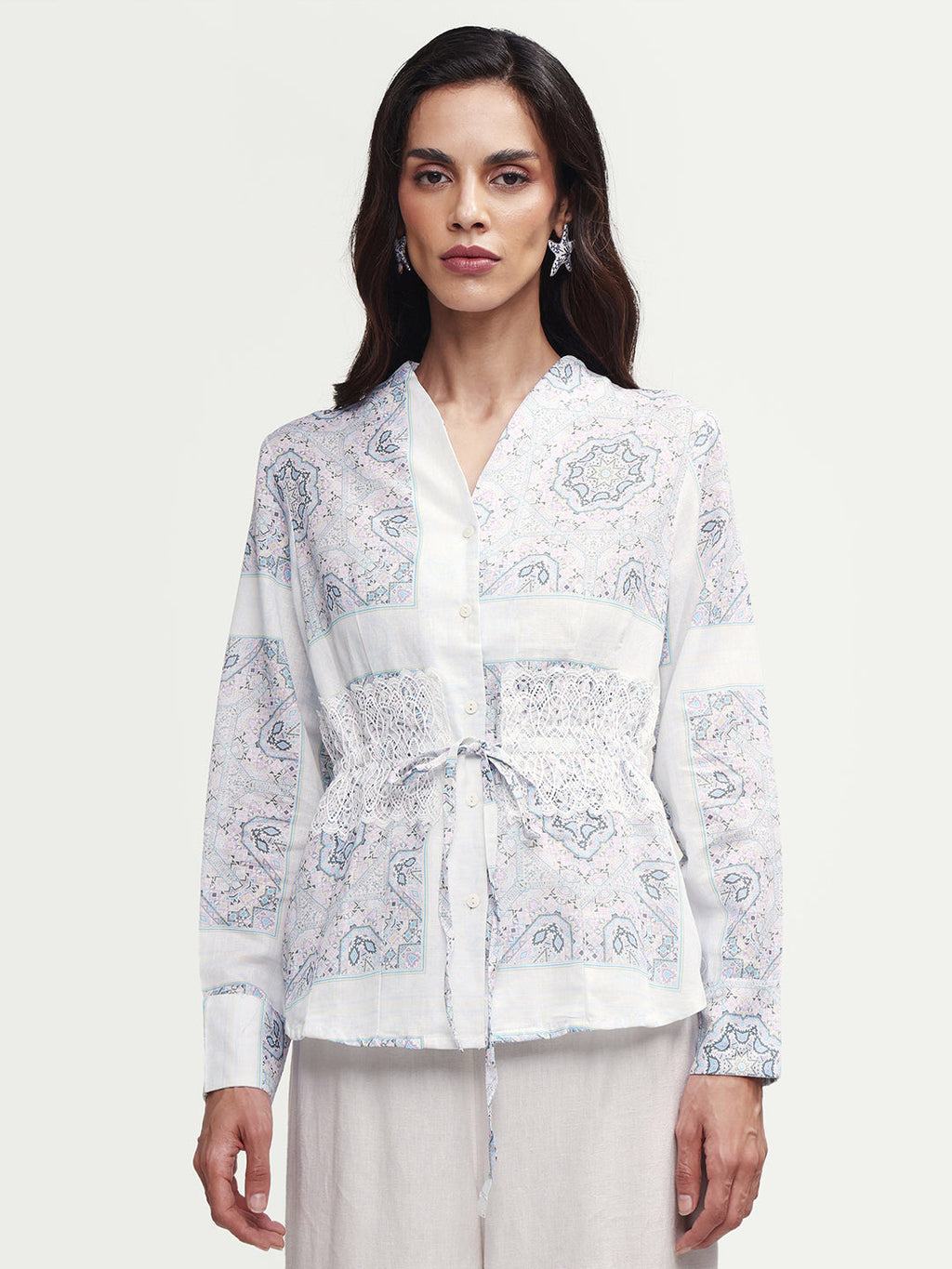Rareism Women's Chanteo Light Multi Cotton Blend V-Neck Abstract Print Cuffed Sleeve Regular Fit Top