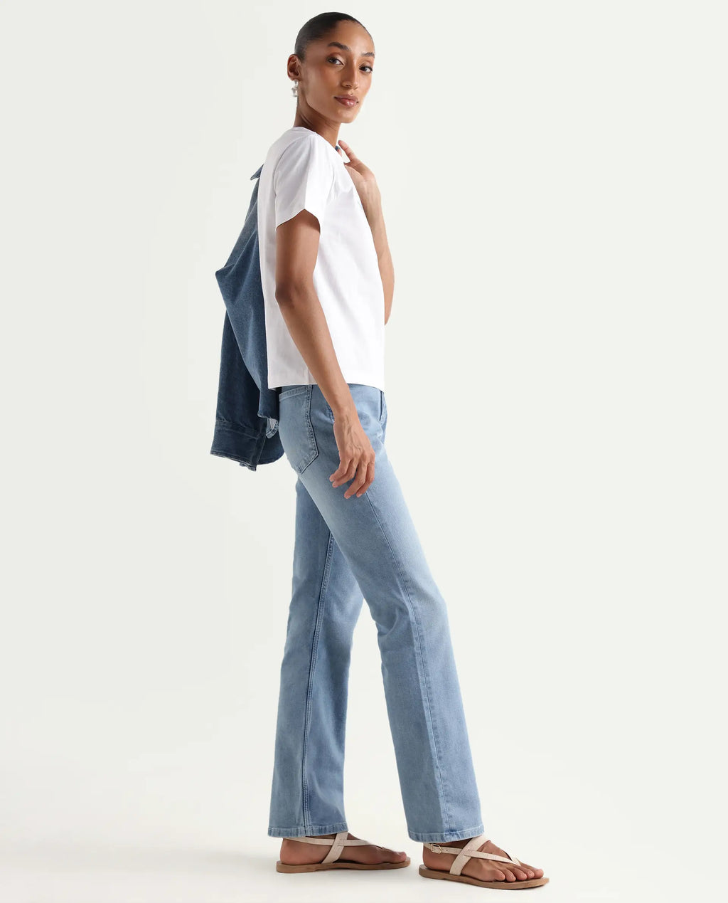 Rareism Women's Hadley Pastel Blue Cotton Blend Plain Ankle Length Bootcut Jeans