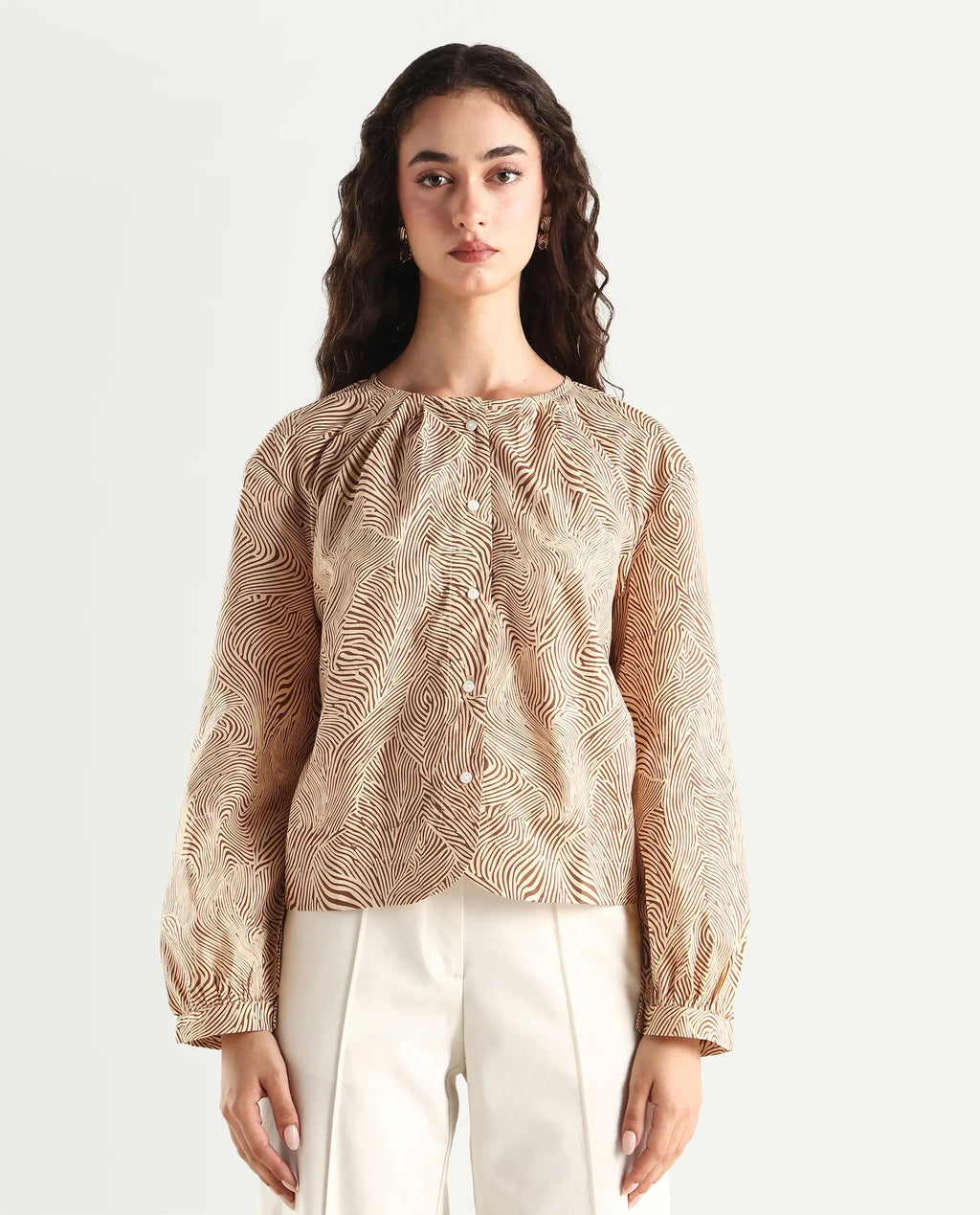 Rareism Women's Jaylone Sc Beige Cotton Crew Neck Geometric Print Cuffed Sleeve Regular Fit Top