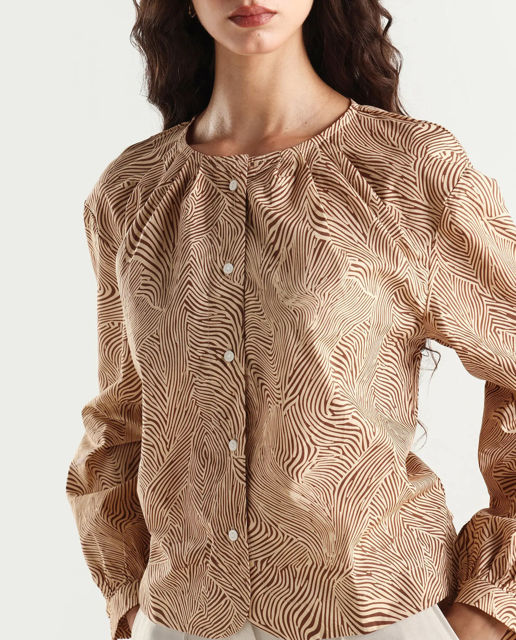 Rareism Women's Jaylone Sc Beige Cotton Crew Neck Geometric Print Cuffed Sleeve Regular Fit Top
