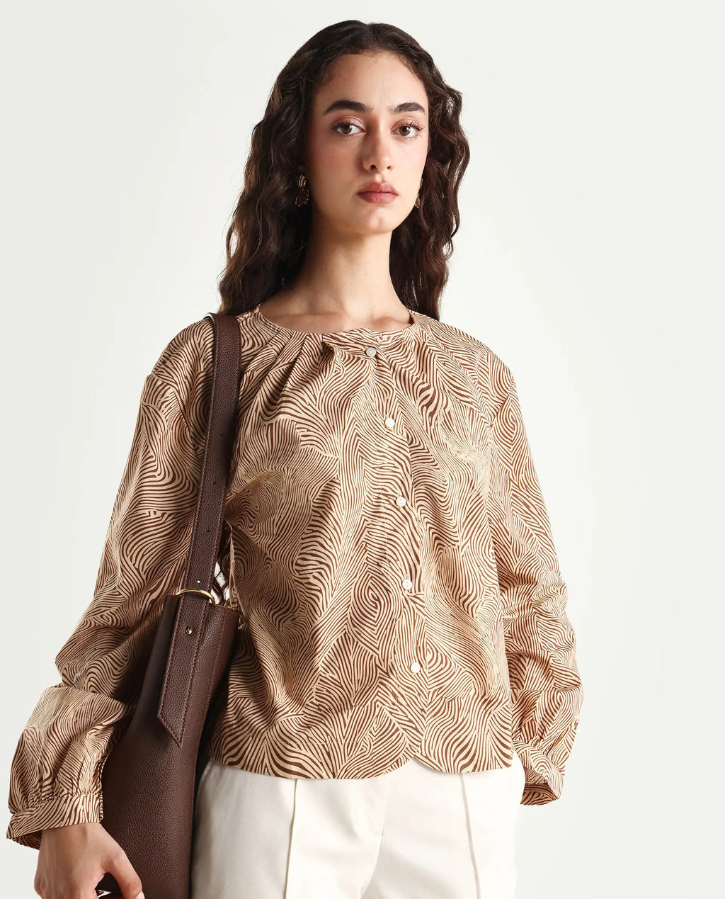 Rareism Women's Jaylone Sc Beige Cotton Crew Neck Geometric Print Cuffed Sleeve Regular Fit Top