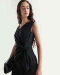 Rareism Women's Minato Black Cotton Blend Overlap Neck Plain Sleeveless Regular Fit Top