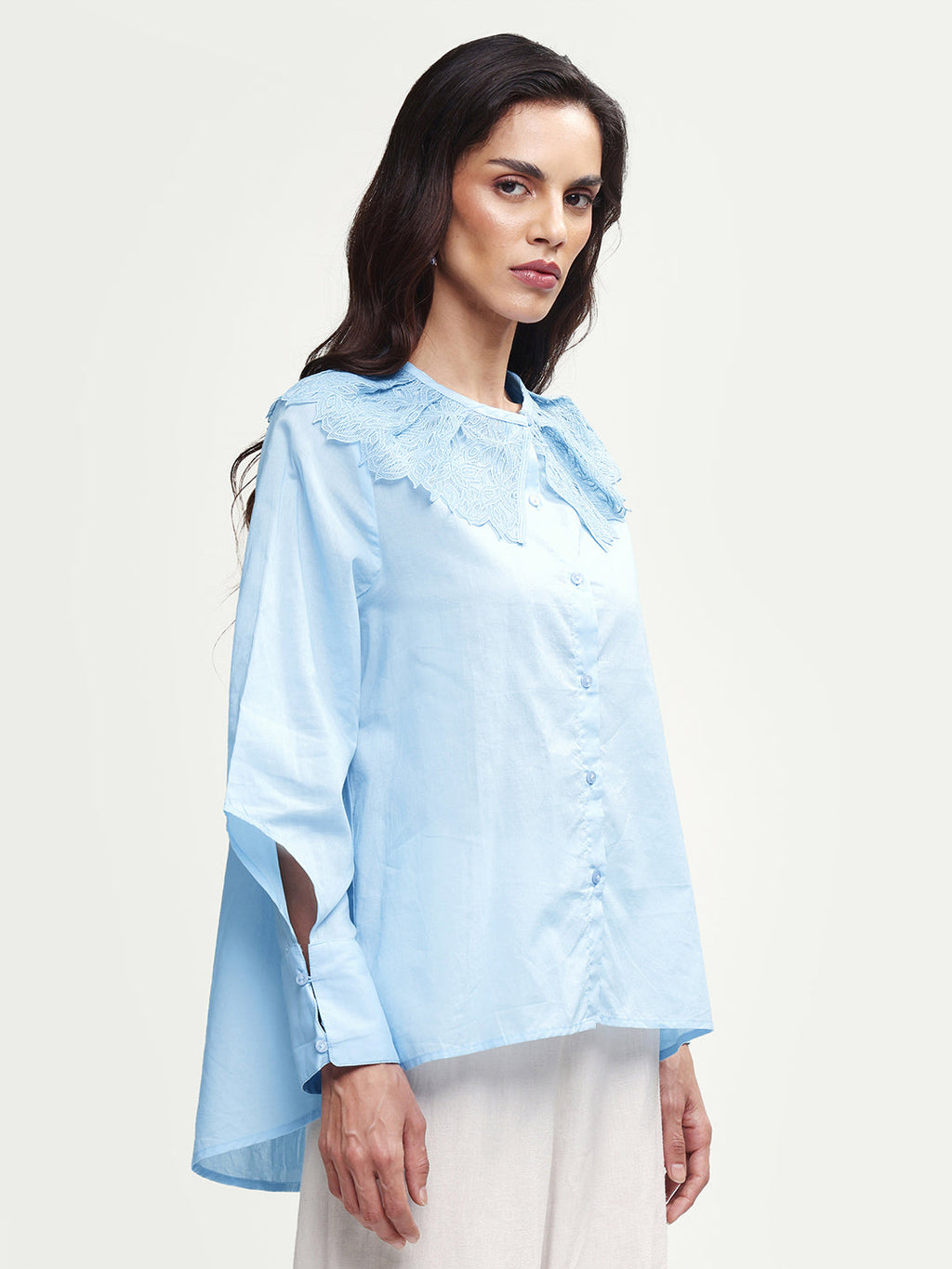 Rareism Women's Burrido Light Blue Cotton Drop Collar Plain Cuffed Sleeve Regular Fit Shirt
