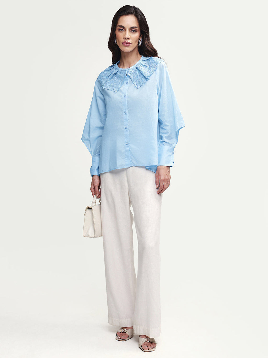 Rareism Women's Burrido Light Blue Cotton Drop Collar Plain Cuffed Sleeve Regular Fit Shirt