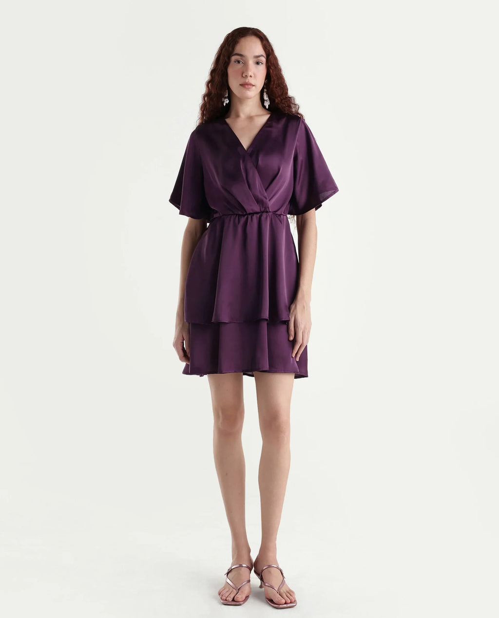 Rareism Women's Creola Dark Purple Polyester Overlap Neck Plain Mini Fit And Flare Dress
