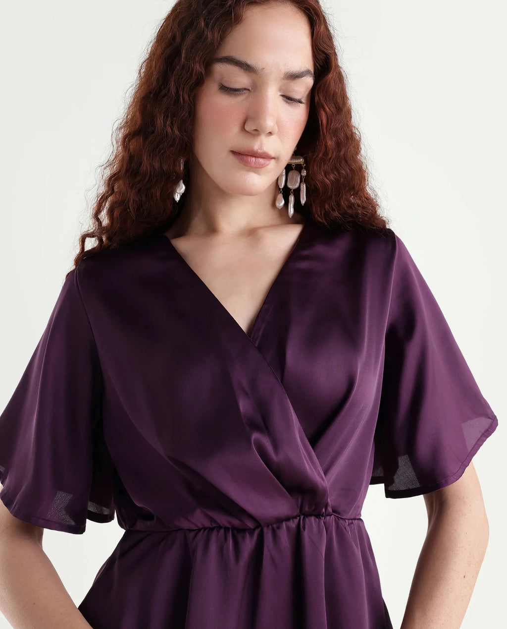 Rareism Women's Creola Dark Purple Polyester Overlap Neck Plain Mini Fit And Flare Dress