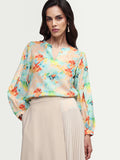 Rareism Women's Deimos Flouroscent Multi Polyester Blend V-Neck Geometric Print Bishop Sleeve Regular Fit Top