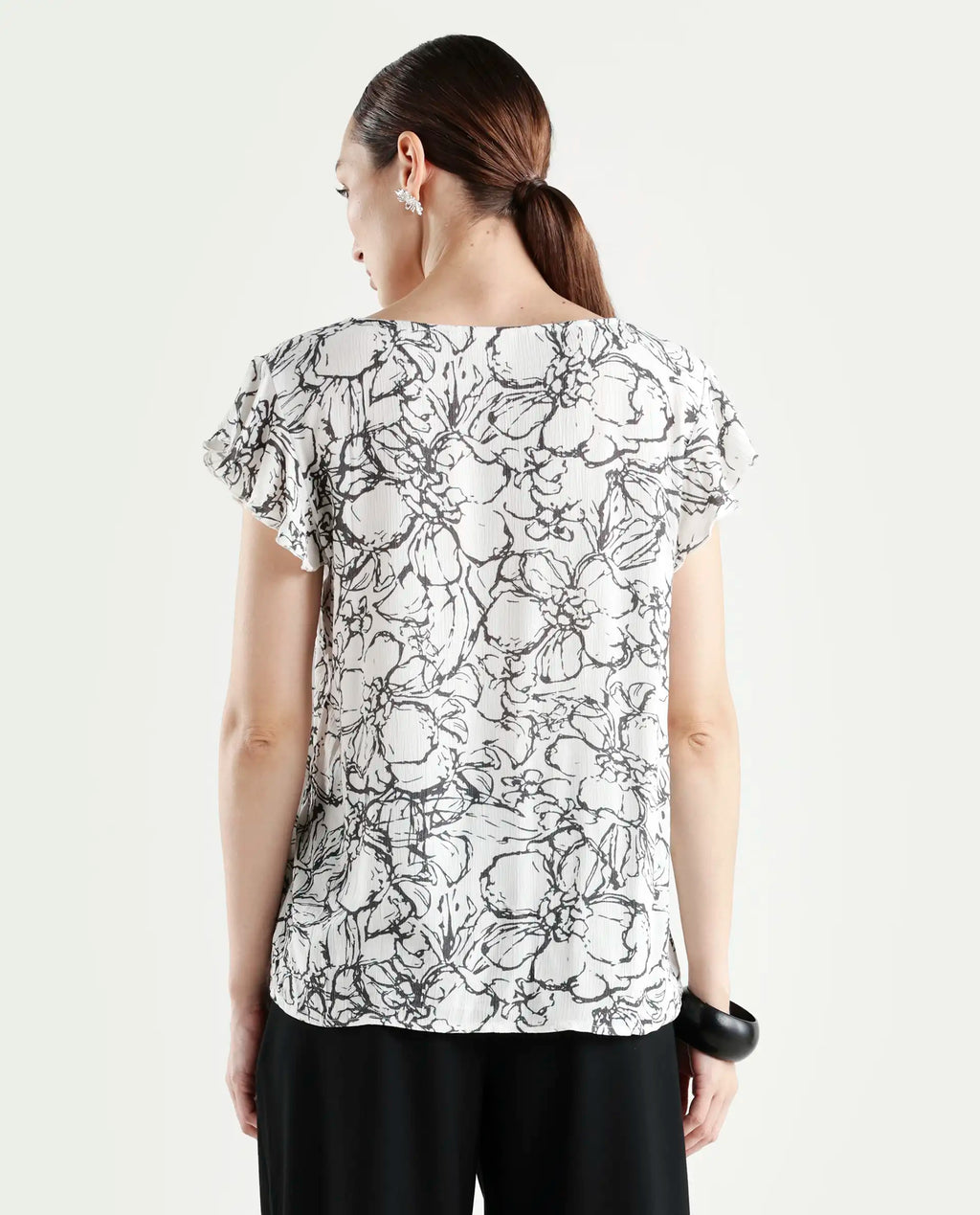 Rareism Women's Helene Light Rayon V-Neck Abstract Print Ruffled Sleeve Regular Fit Top