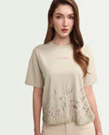 Rareism Women's Pront Beige Cotton Blend Crew Neck Floral Print Boxy Fit T-Shirt