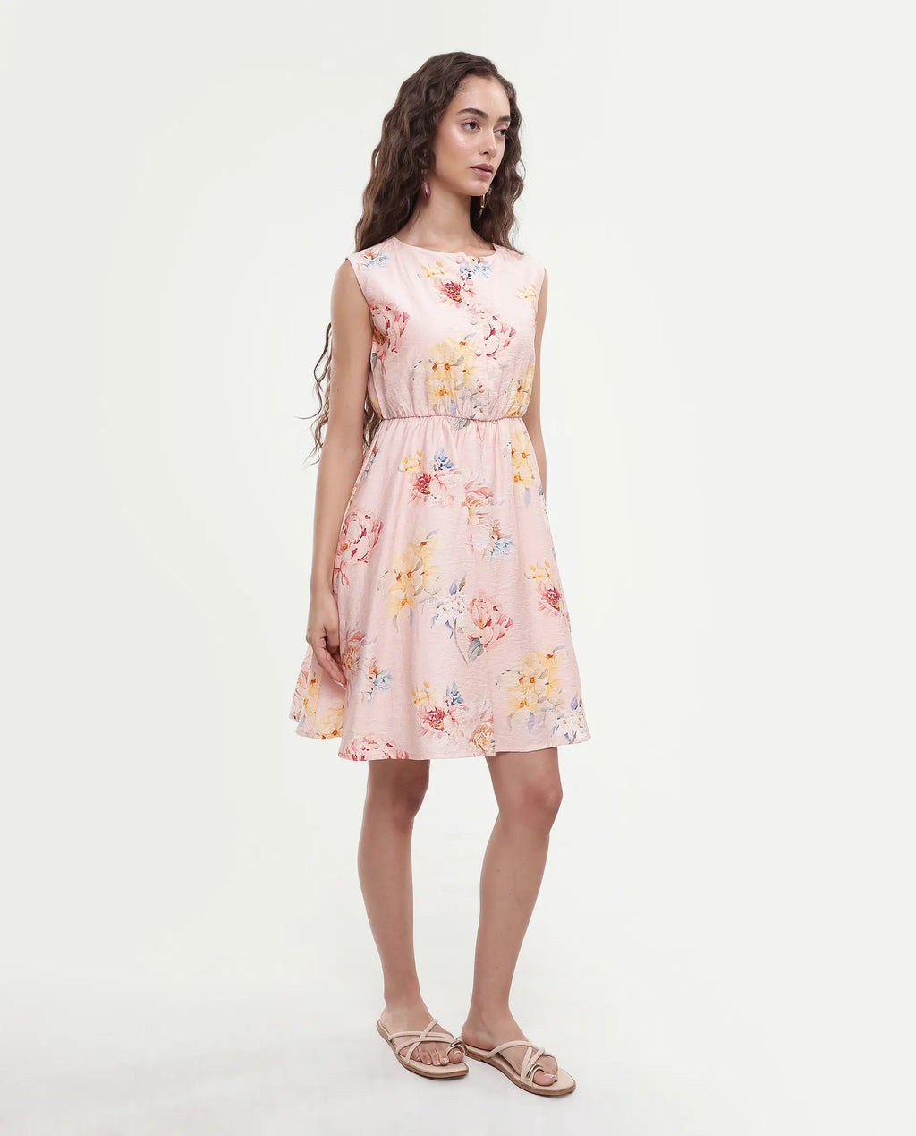Rareism Women's Nupic Pink Viscose Blend Round Neck Floral Print Mini Flared Dress