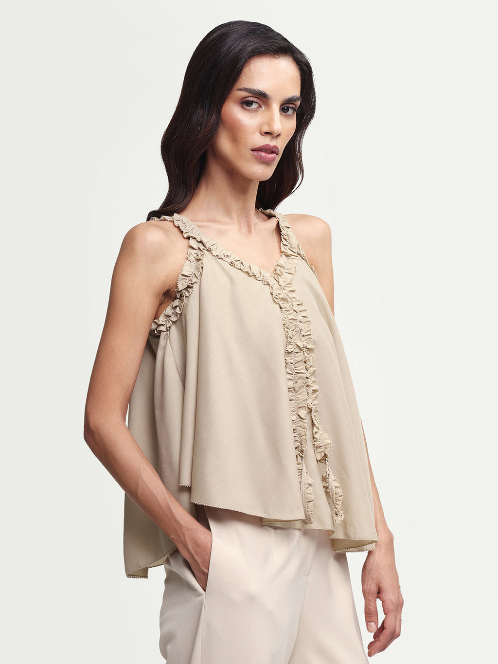 Rareism Women's Epave Beige Viscose V-Neck Plain Sleeveless Relaxed Fit Top