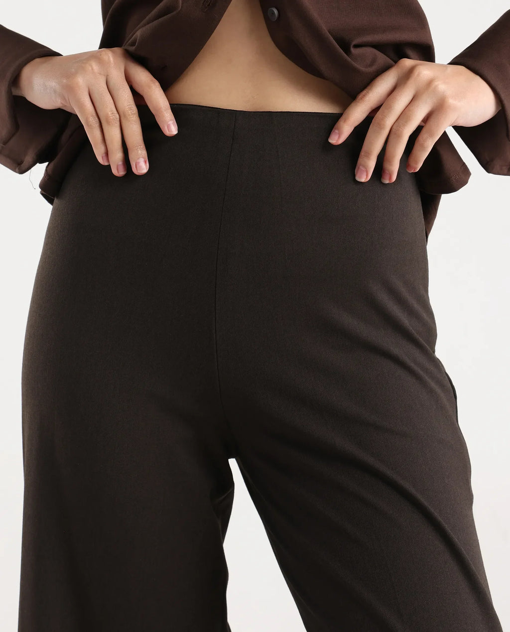 Rareism Women Wido Dark Brown Polyester Blend Button Wide Leg Fit Plain Travel Trouser