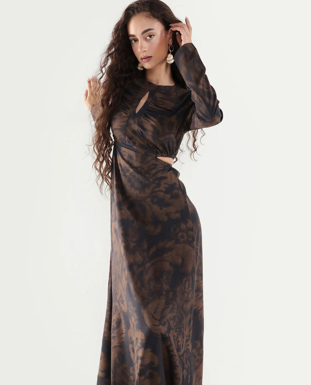 Rareism Women's Azor Dark Brown Viscose Fit & Flare Maxi Dress