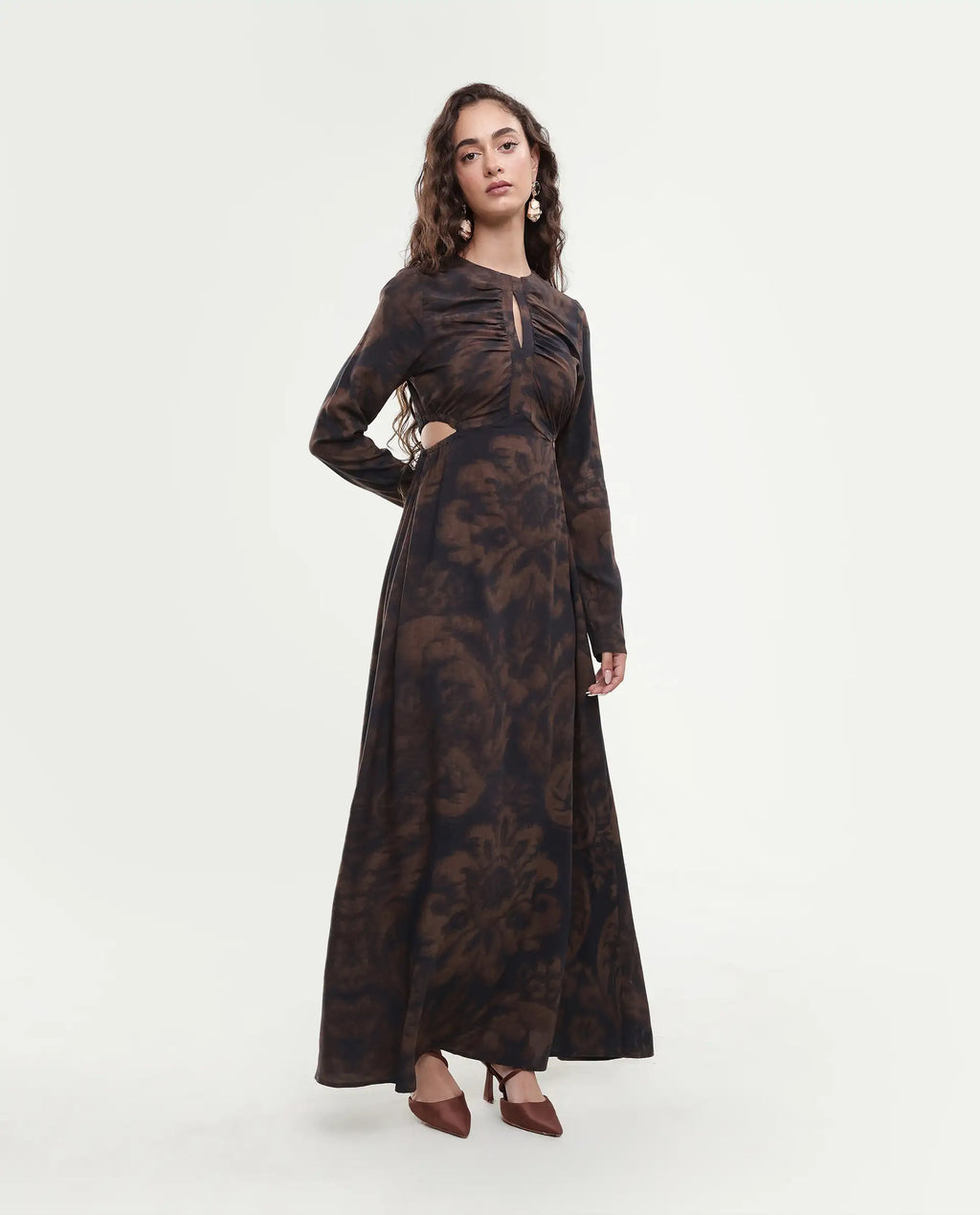 Rareism Women's Azor Dark Brown Viscose Fit & Flare Maxi Dress