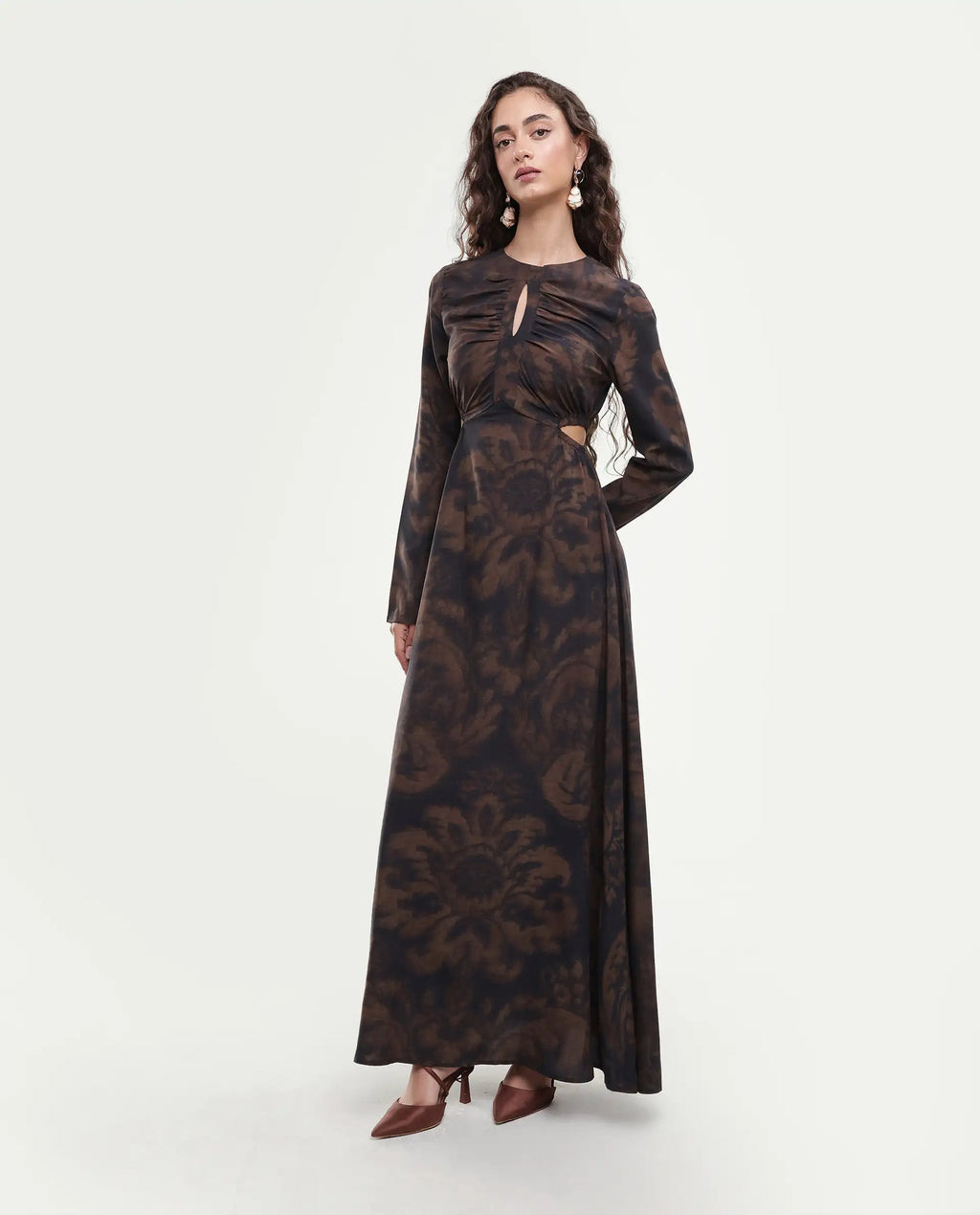 Rareism Women's Azor Dark Brown Viscose Fit & Flare Maxi Dress