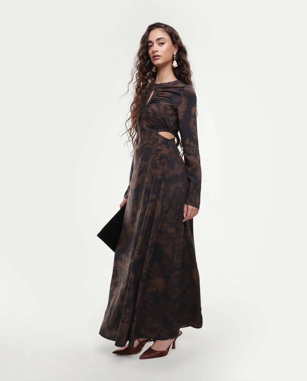Rareism Women's Azor Dark Brown Viscose Fit & Flare Maxi Dress