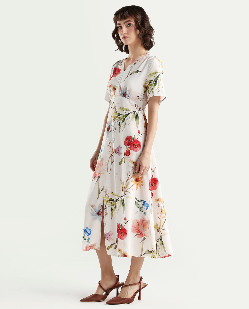 Rareism Women's Vanah Off White Viscose Half Sleeve V-Neck A-Line Floral Print Dress