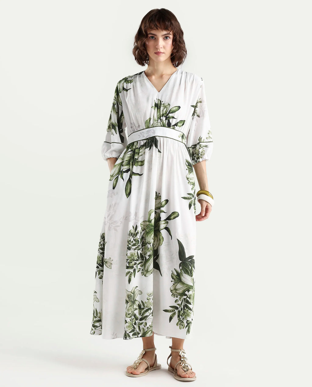 Rareism Women's Arsyn Off White Viscose Half Sleeve V-Neck Fit And Flare Floral Print Dress