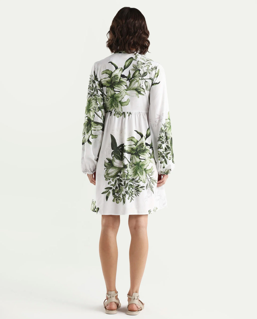 Rareism Women's Arote Off White Viscose Full Sleeve Band Collar Fit And Flare Floral Print Dress