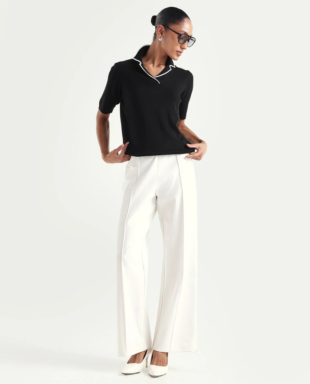 Rareism Women's Syrus Black Nylon Blend Half Sleeve Jonny Collar Relaxed Fit Plain Polo