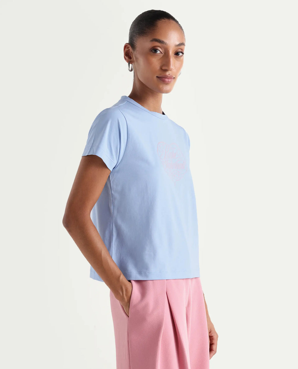 Rareism Women's Zeven Light Blue Cotton Blend Half Sleeve Regular Fit Flock Print T-Shirt