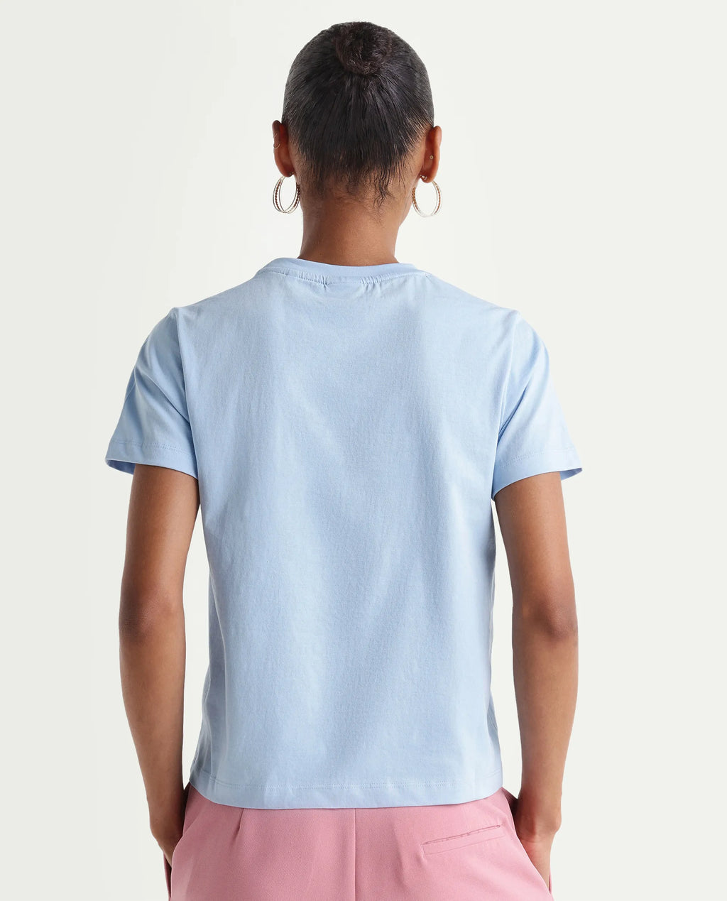Rareism Women's Zhane Light Blue Cotton Crew Neck Pull-On Regular Typography Print T-Shirt