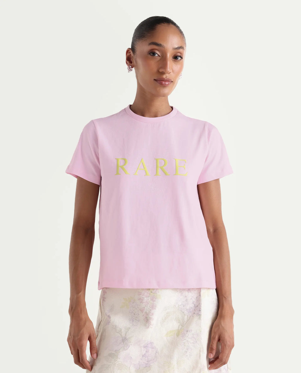 Rareism Women's Zhane Light Pink Cotton Crew Neck Pull-On Regular Typography Print T-Shirt