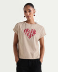 Rareism Women's Zibbit Beige Cotton Crew Neck Pull-On Relaxed Monogram Print T-Shirt