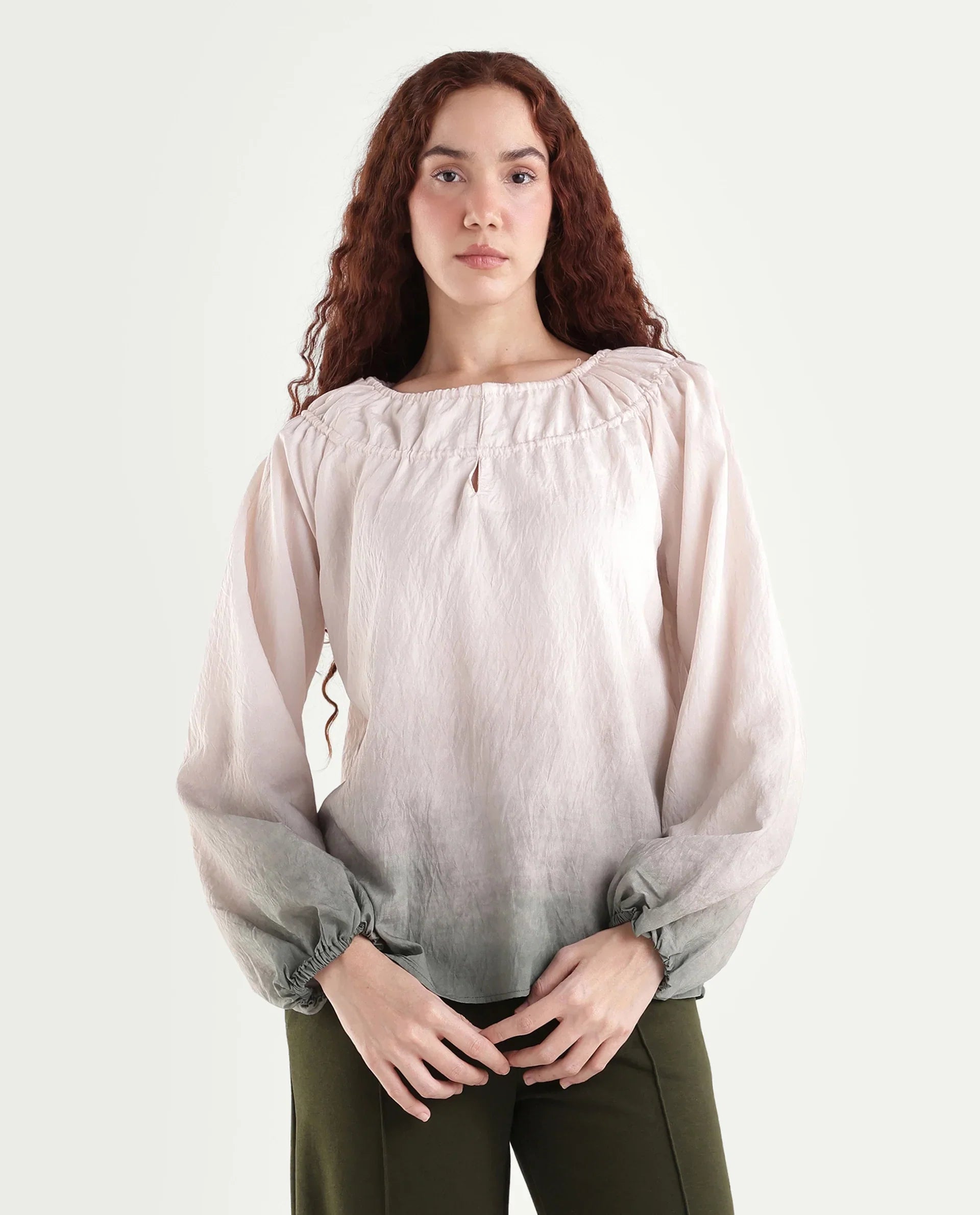 Rareism Women's Aelus Olive Viscose Blend Full Sleeve Regular Fit Ombre Print Top