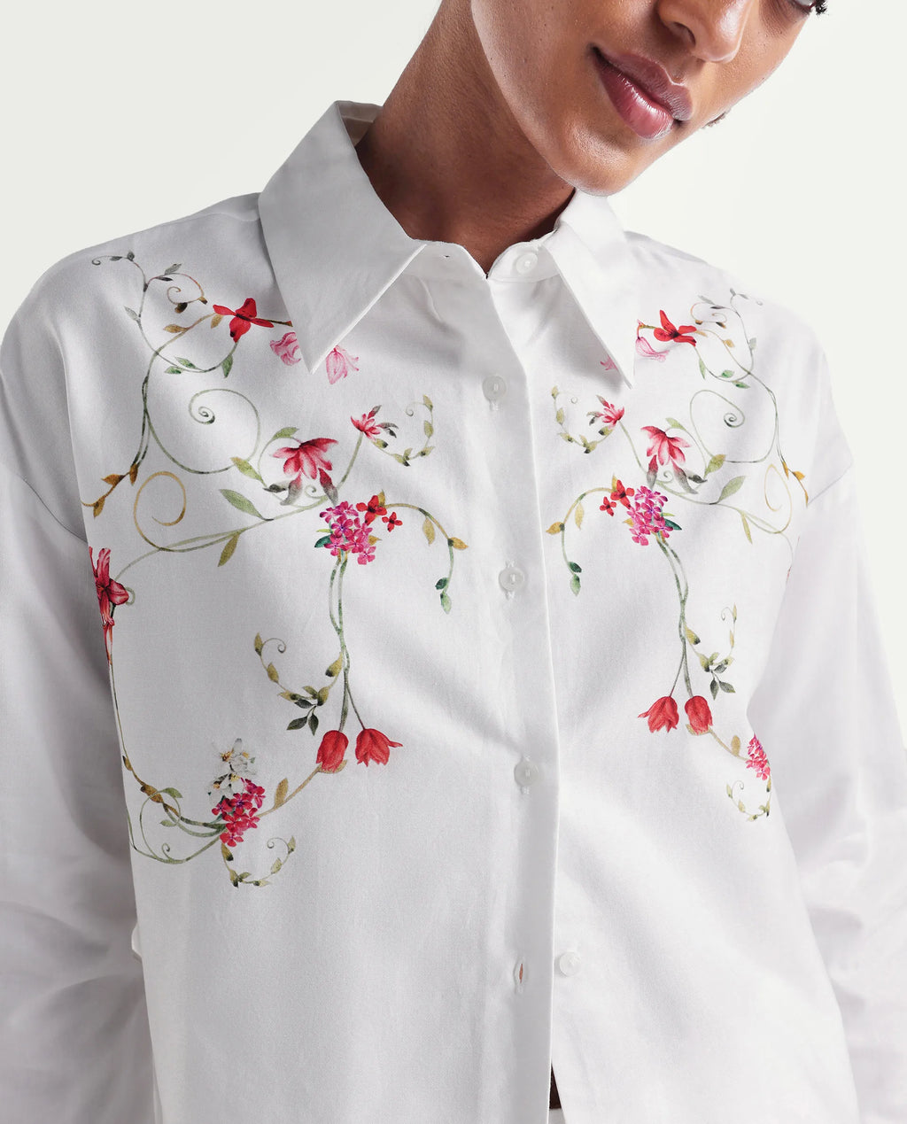 Rareism Women's Aerie Off White Cotton Full Sleeve Oversize Fit Floral Print Shirt