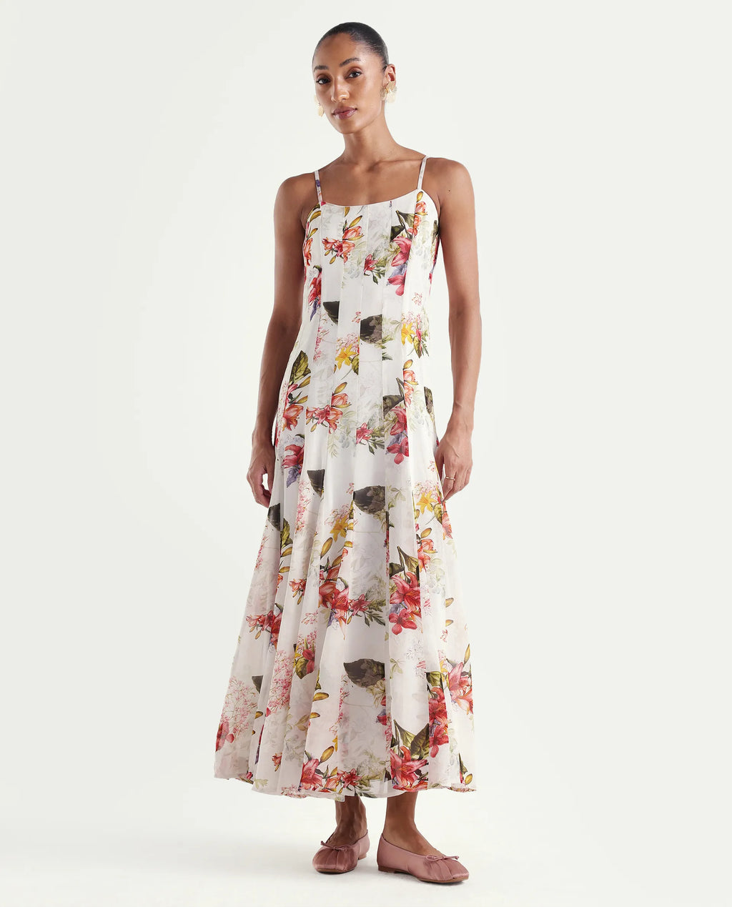 Rareism Women's Ailsa Off White Viscose Blend Sleeveless Fit And Flare Floral Print Dress